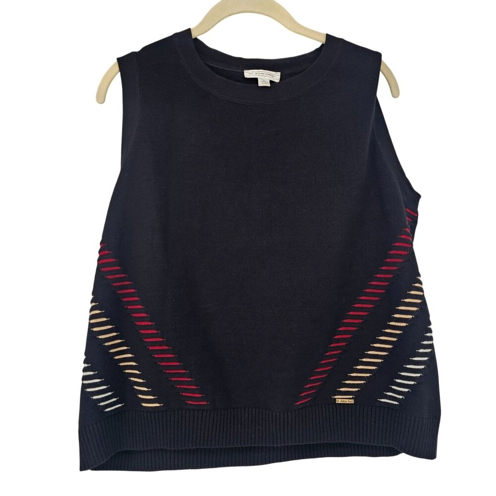 St. John Golf Intarsia Knit Vest L Black Red Tan Chevron Tennis Prep Designer